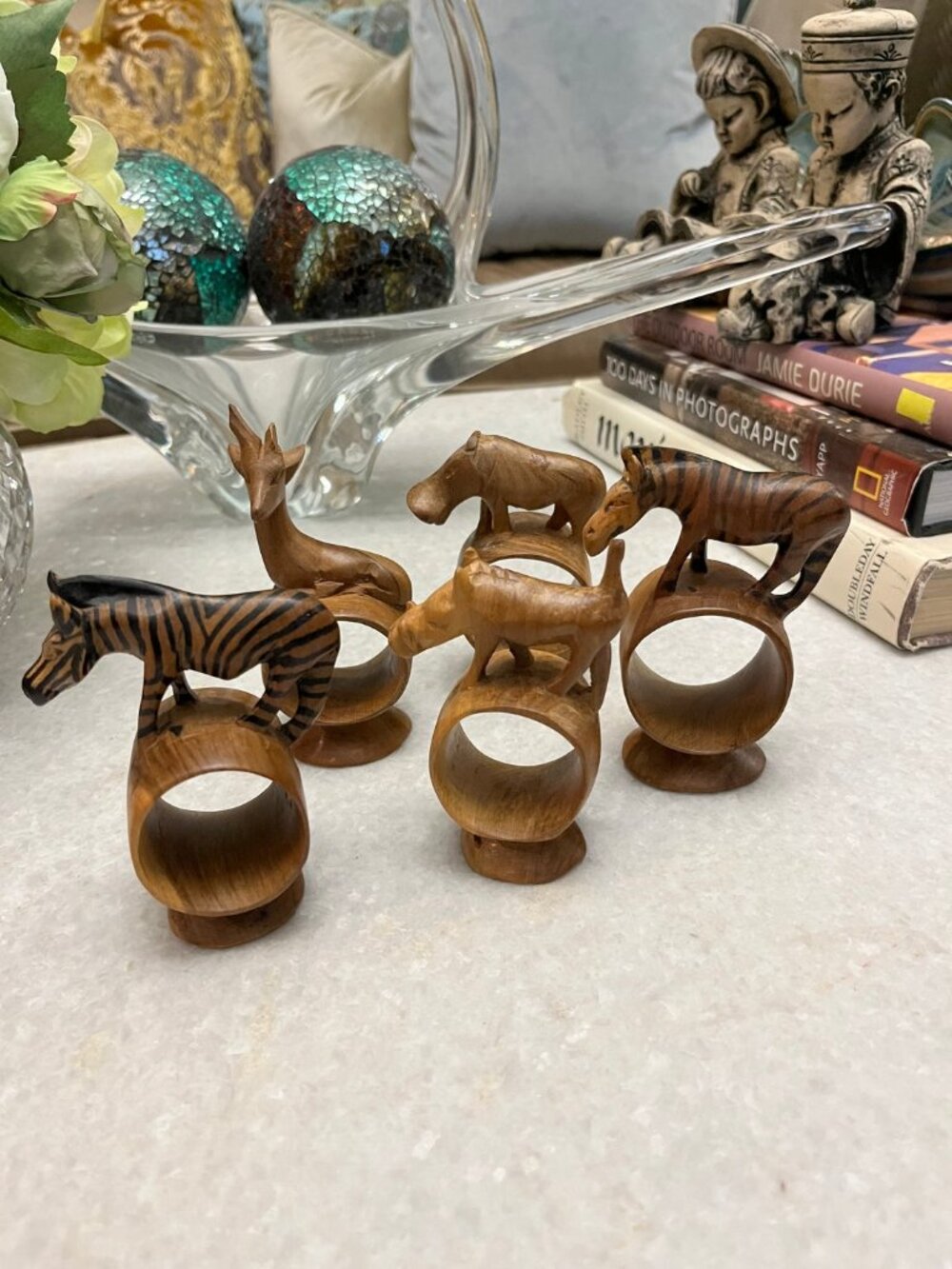 vintage hand-carved mahogany wooden African safari animals napkin rings set of 5